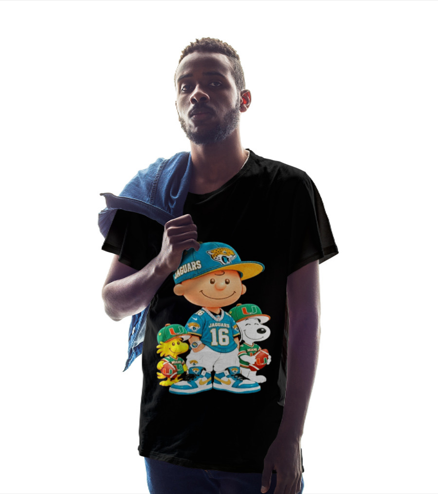 Peanuts Charlie Brown Snoopy Woodstock Jacksonville Jaguars Miami Hurricanes Football Fan Gear T-Shirt