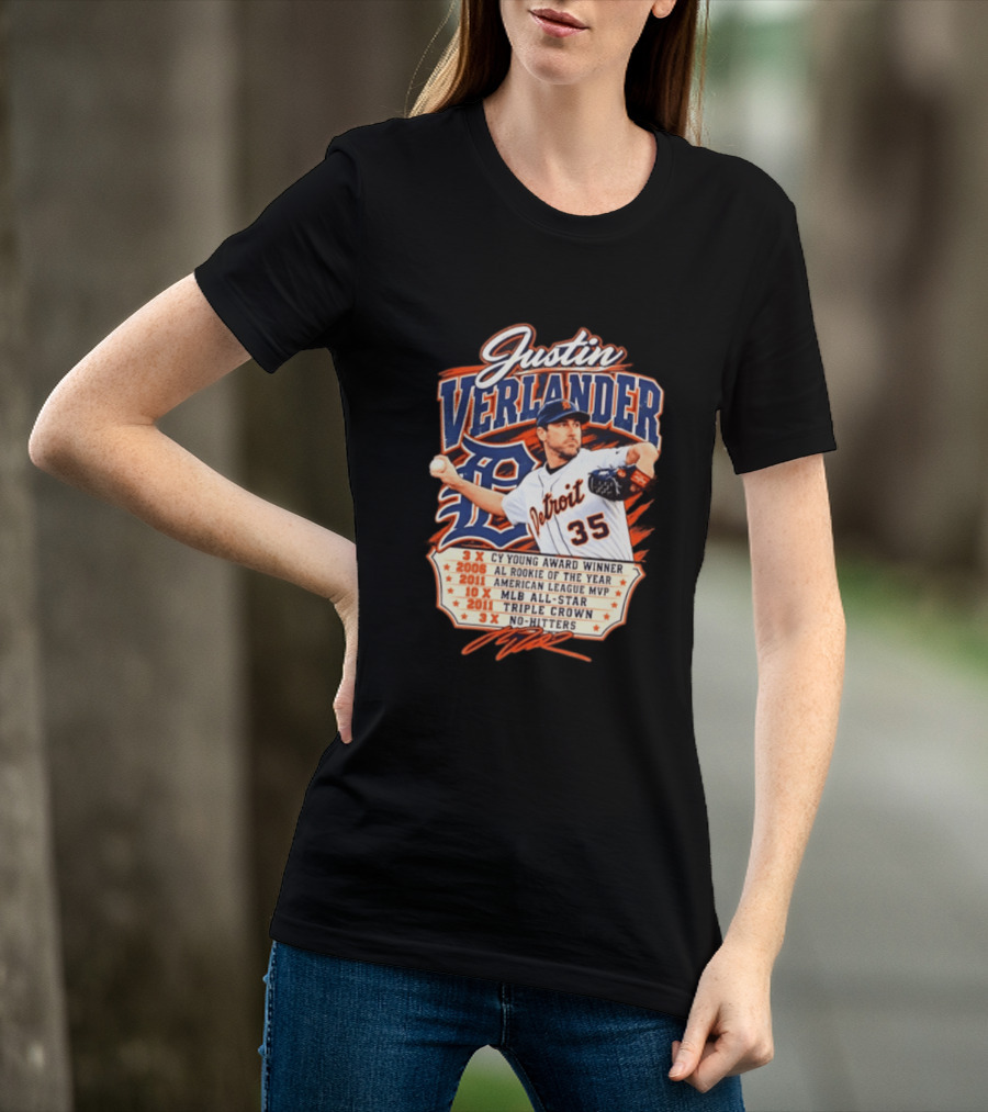 Justin Verlander Detroit Tigers Career 3x Cy Young Award Winner AL Rookie Of The Year 2011 American League MVP MLB All Star Triple Crown No Hitters T-Shirt