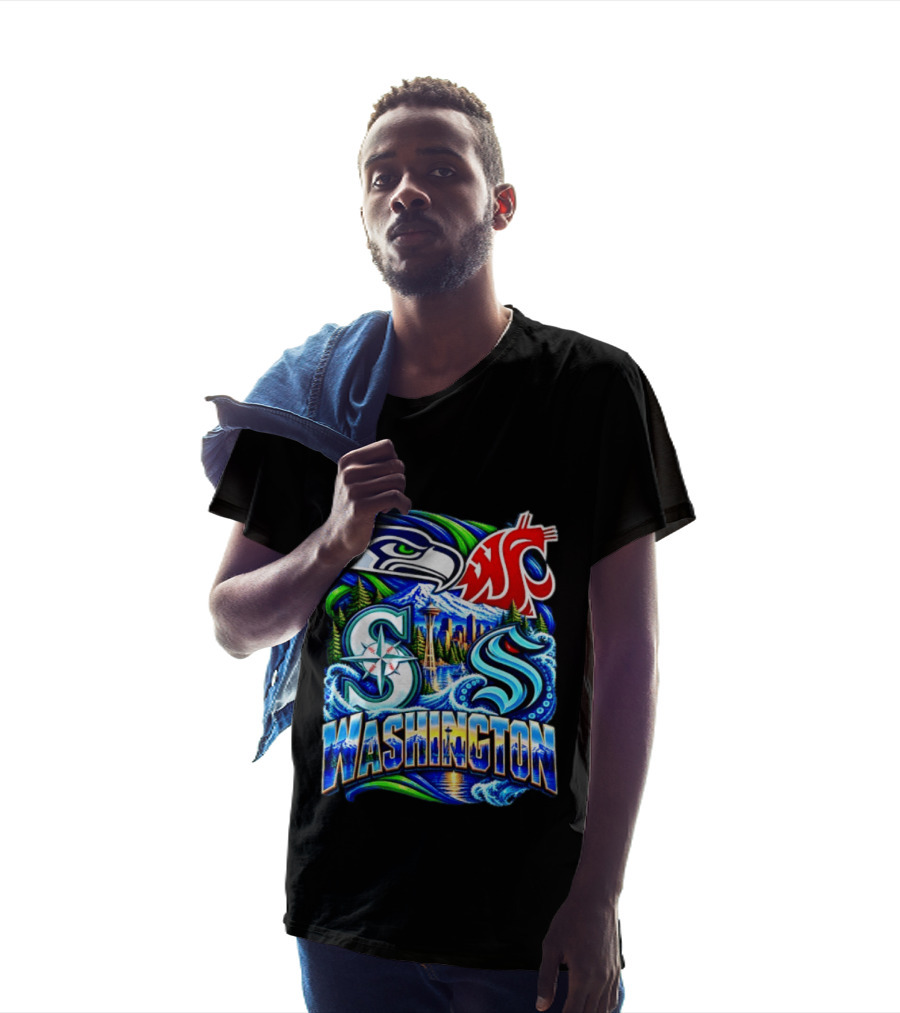 Seattle Seahawks Washington State Cougars Mariners Kraken Washington Skyline T-Shirt
