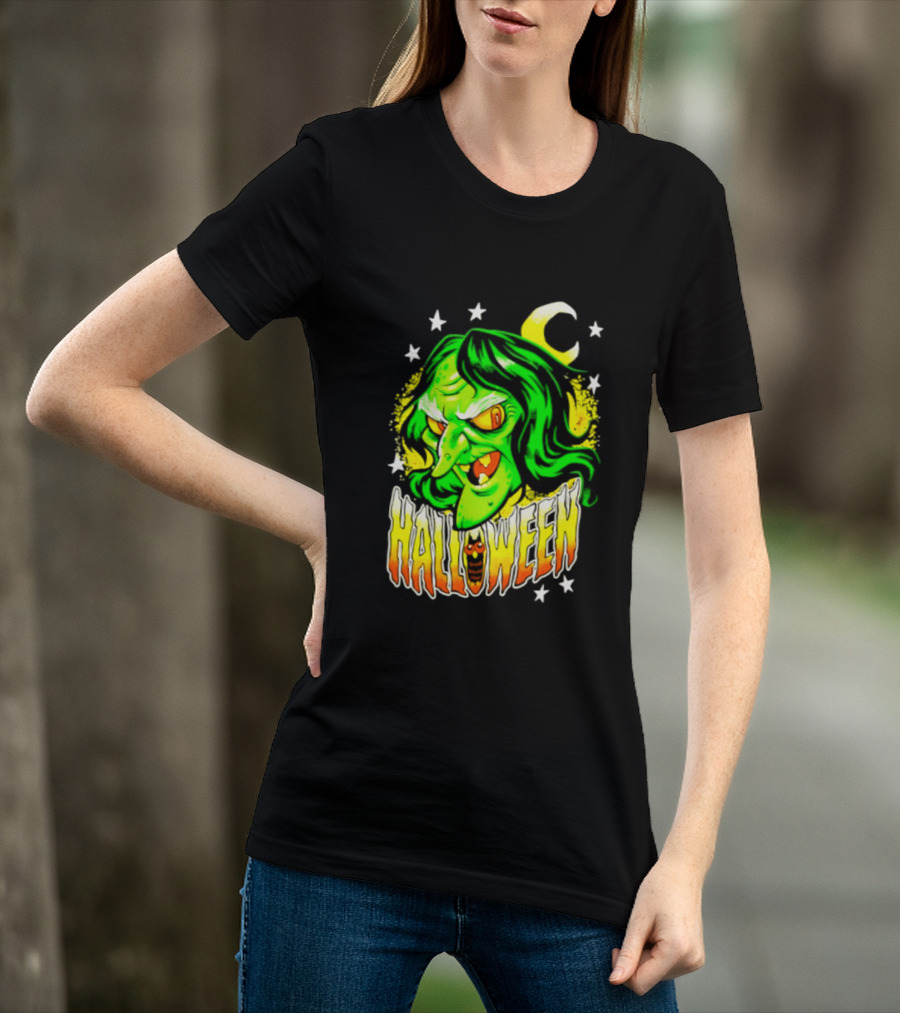 Halloween Witch Green Face Crescent Moon And Stars T-Shirt