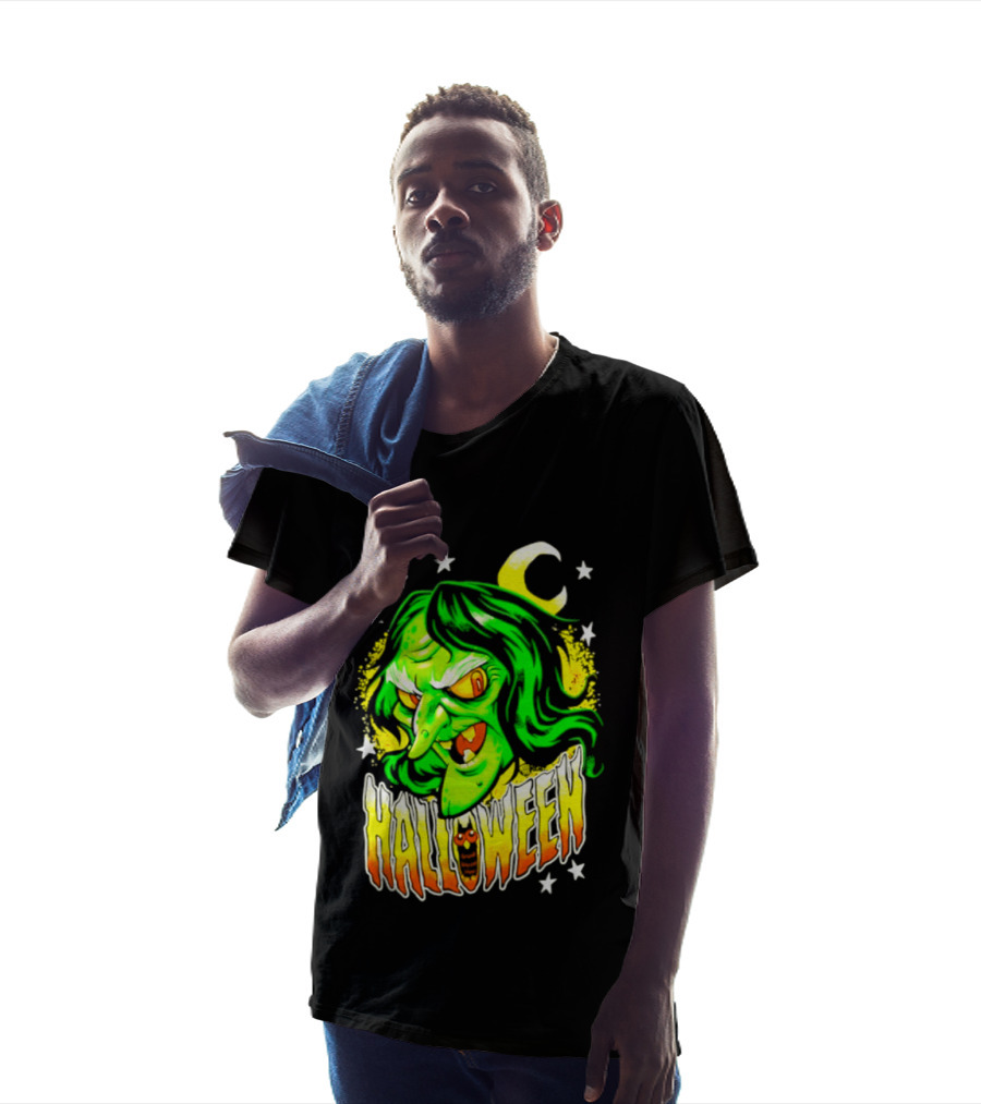 Halloween Witch Green Face Crescent Moon And Stars T-Shirt