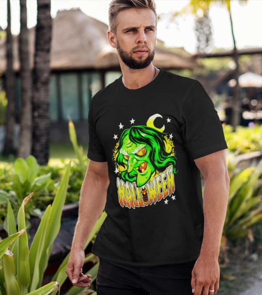 Halloween Witch Green Face Crescent Moon And Stars T-Shirt