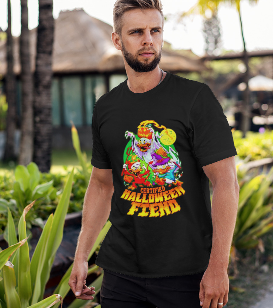 Certified Halloween Fiend Donald Duck Huey Dewey Louie Ghost Witch Devil Moon Scene T-Shirt