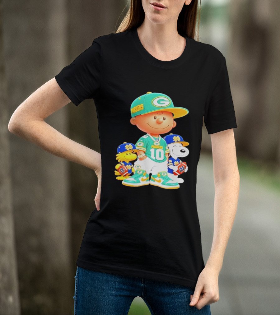 Peanuts Green Bay Packers Notre Dame Fighting Irish Football Characters Charlie Brown Snoopy Woodstock T-Shirt