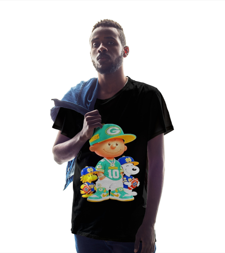 Peanuts Green Bay Packers Notre Dame Fighting Irish Football Characters Charlie Brown Snoopy Woodstock T-Shirt
