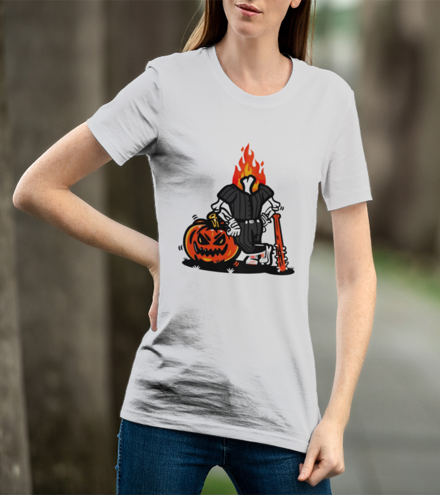 Flaming Pumpkin Head Baseball Player 2026 Halloween T-Shirt
