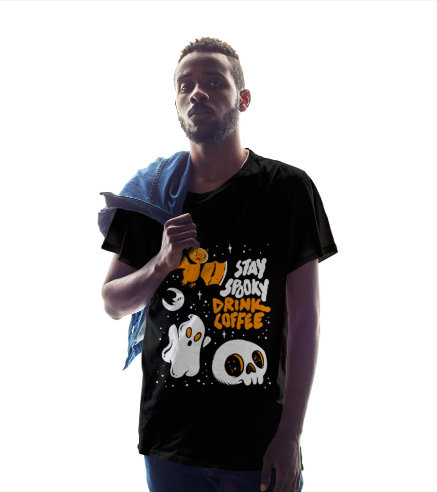 Stay Spooky Drink Coffee Halloween Ghost With Bat Skull And Moon T-Shirt