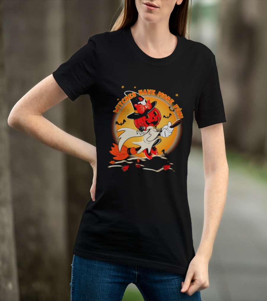 Witches Have More Fun Pumpkin Witch Riding Broomstick Halloween Magic T-Shirt