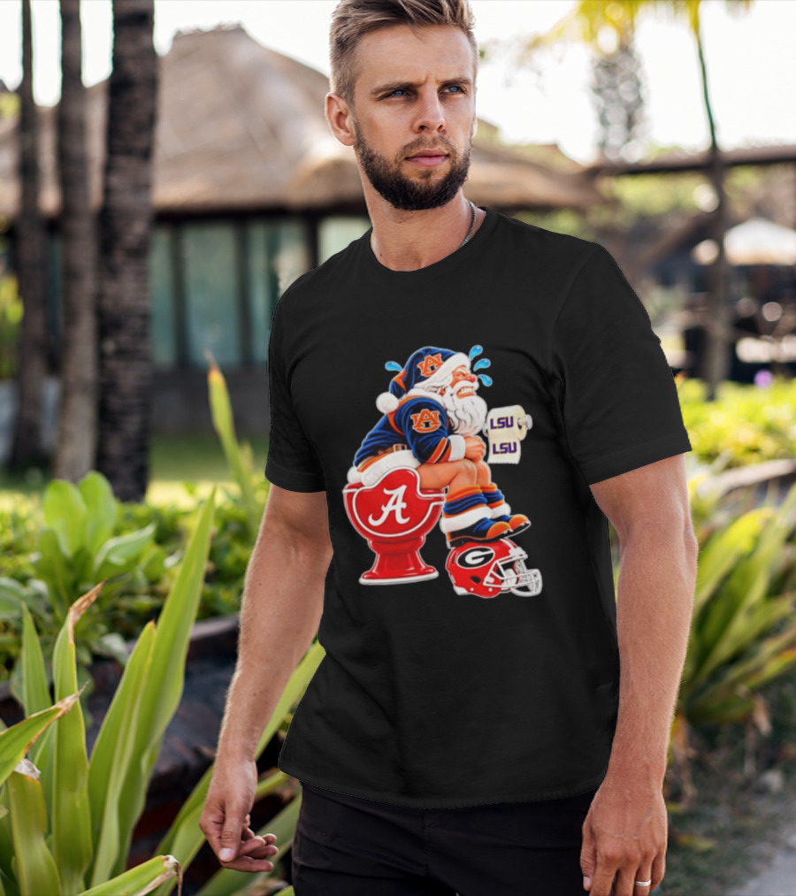 Auburn Santa On Alabama Crimson Tide Toilet With LSU Paper Georgia Bulldogs Helmet Football Humor T-Shirt