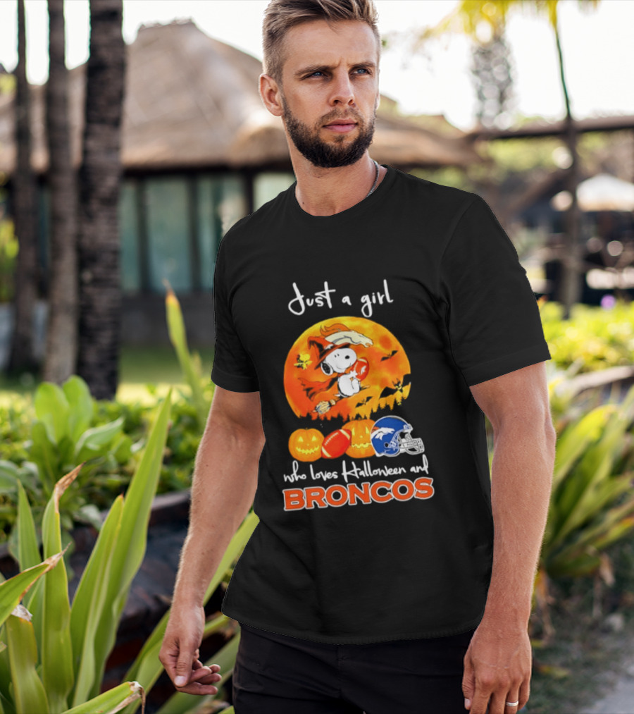 Just A Girl Who Loves Halloween And Broncos Football With Snoopy And Woodstock In Pumpkin T-Shirt