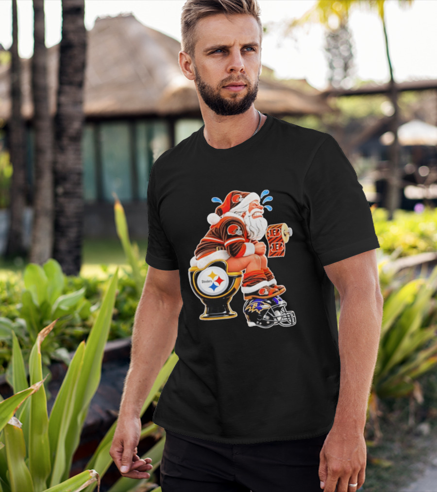 Santa Claus Cleveland Browns Toilet Sitting Steelers Ravens Bengals Meme T-Shirt