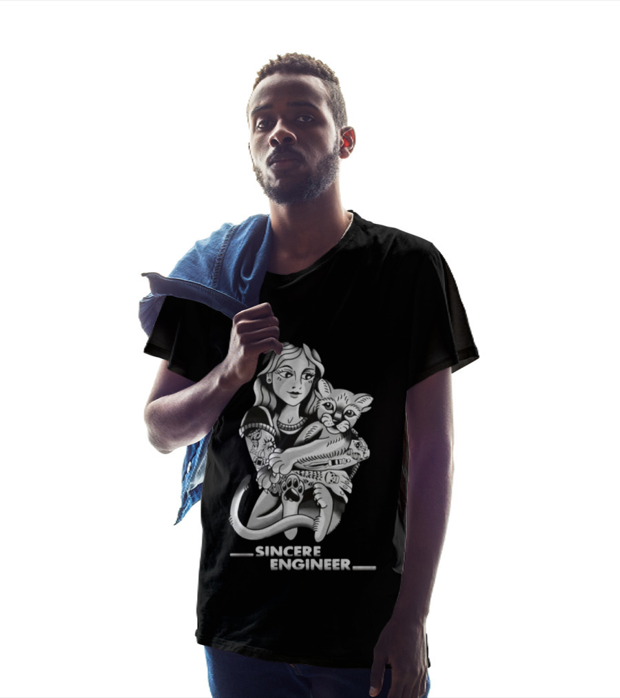 Sincere Engineer Punk Alternative Tattooed Girl Hugging Cat T-Shirt