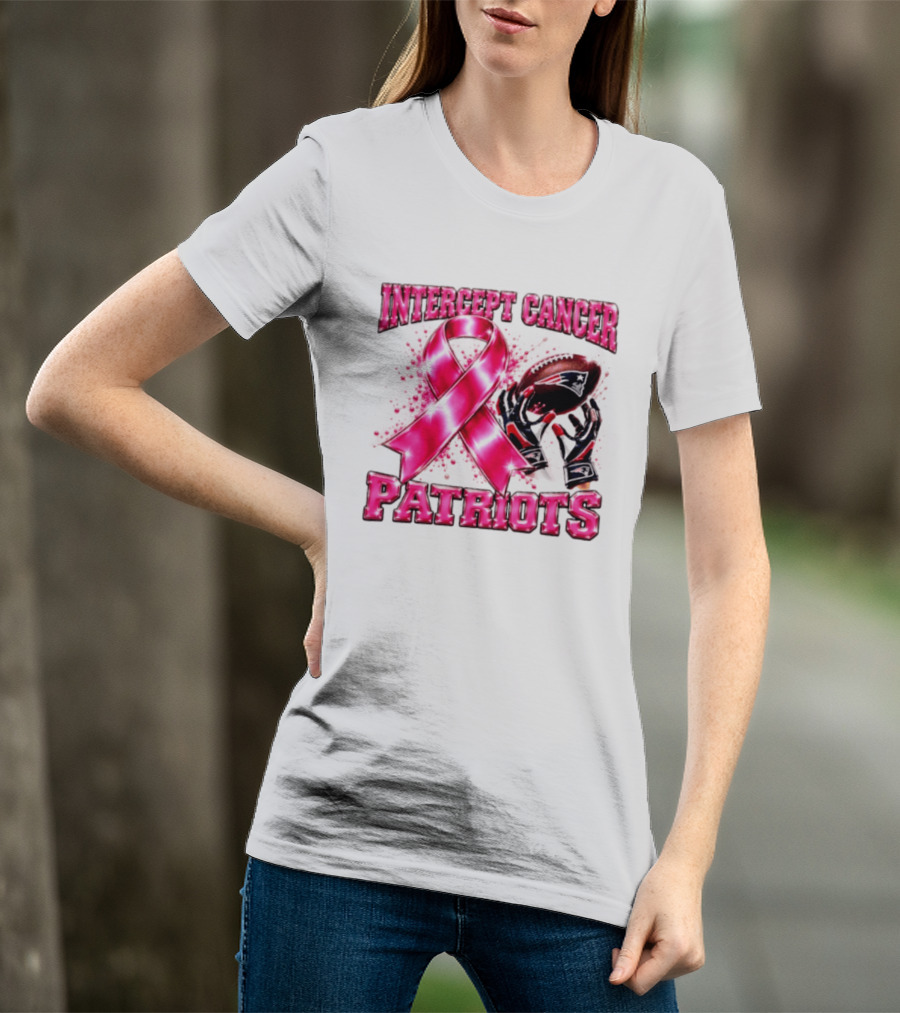 Intercept Cancer New England Patriots 2026 Football Gloves Pink Ribbon Awareness T-Shirt