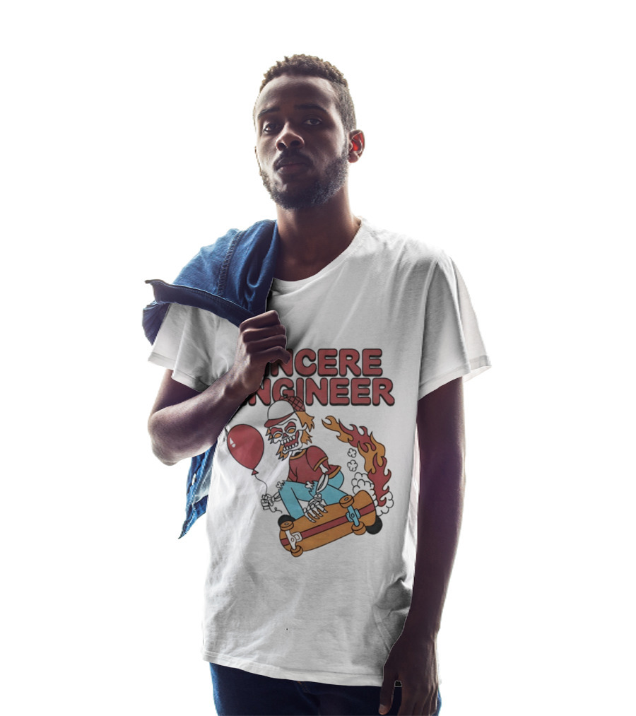 Sincere Engineer Skeleton Skateboarder With Balloon And Flaming Wheels T-Shirt