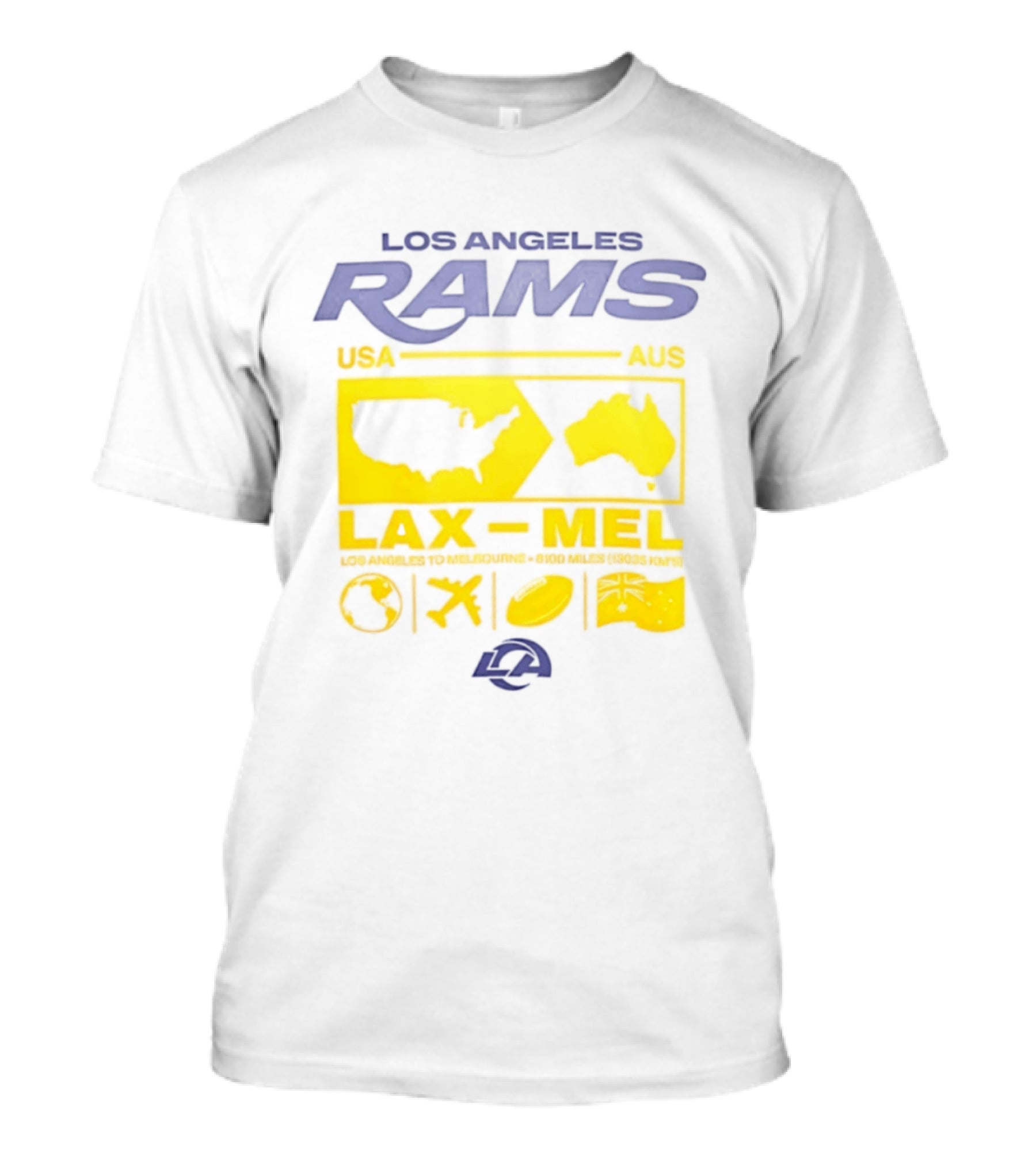 Los Angeles Rams LAX To MEL 2026 USA To Australia Football Journey T-Shirt