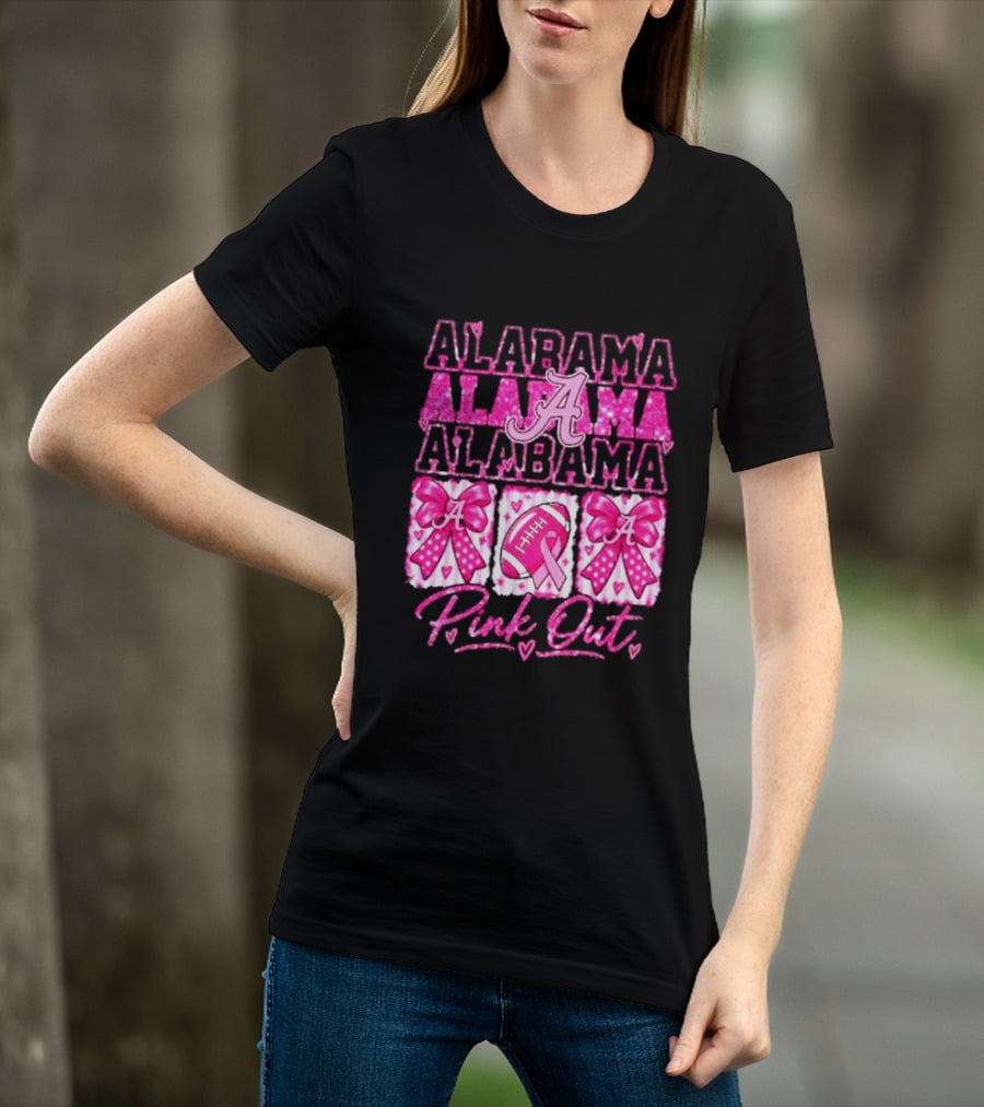Alabama Crimson Tide A Pink Out Breast Cancer Awareness Football Bow Game Day T-Shirt