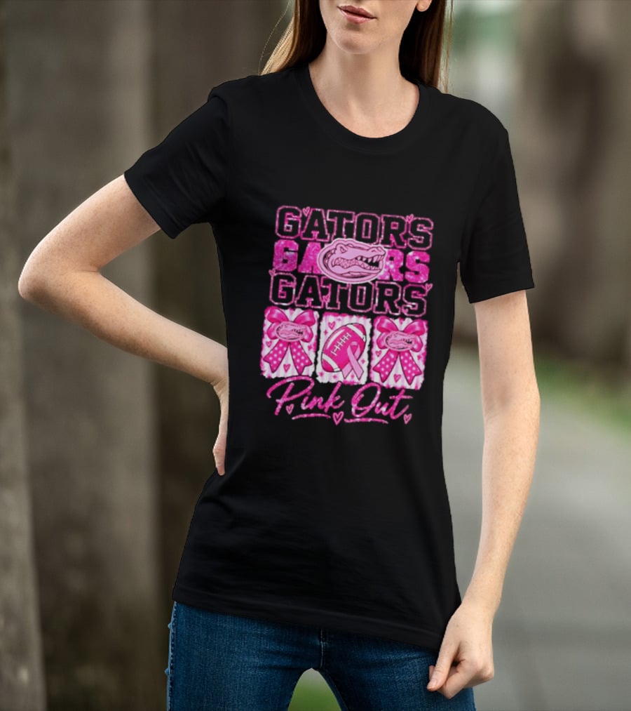 Gators Pink Out Breast Cancer Awareness Game Day Bow Ribbon Football T-Shirt