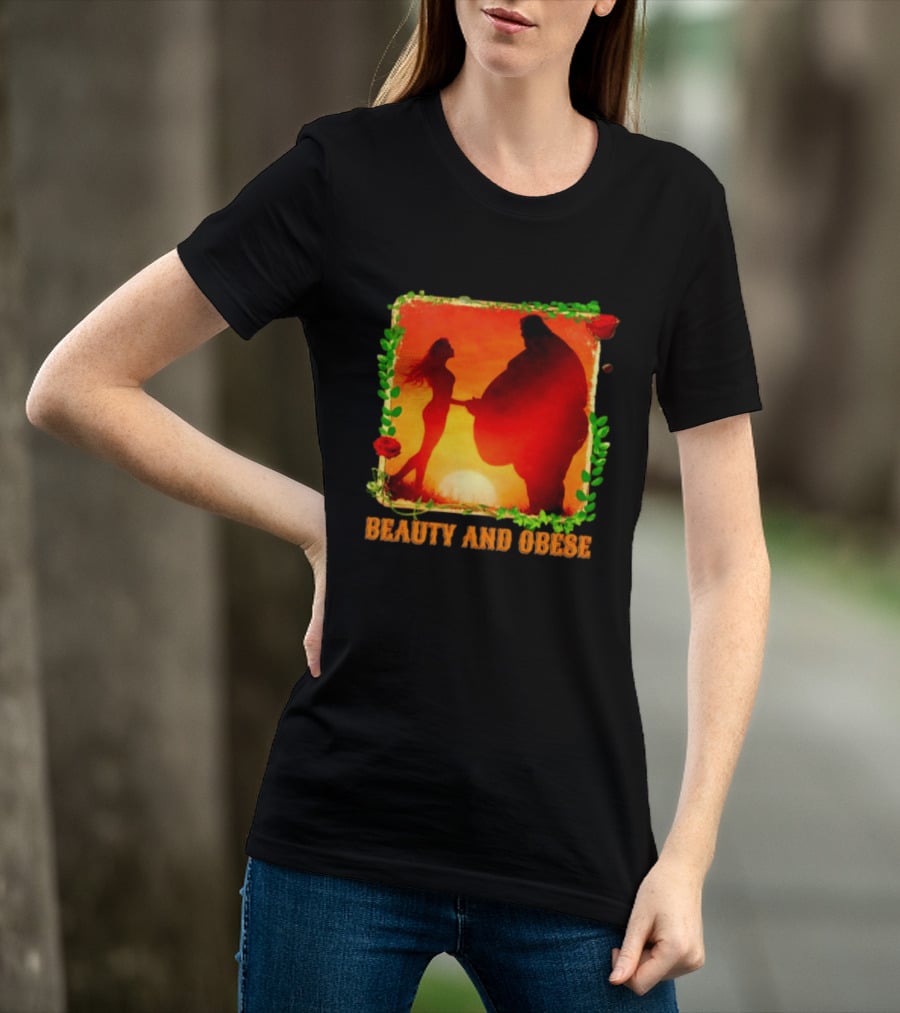 Beauty And Obese Romantic Satire With Sunset Silhouette And Roses T-Shirt
