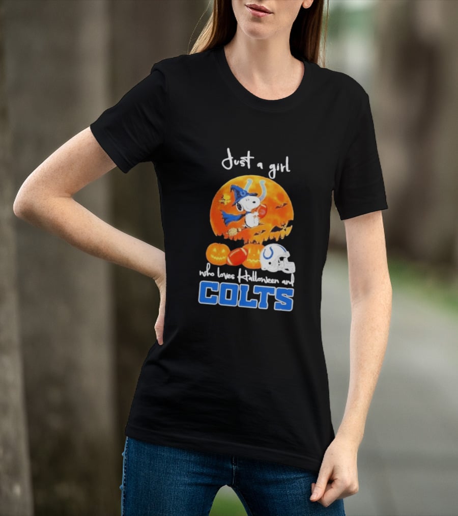 Just A Girl Who Loves Halloween And Colts Snoopy Woodstock Collaboration T-Shirt