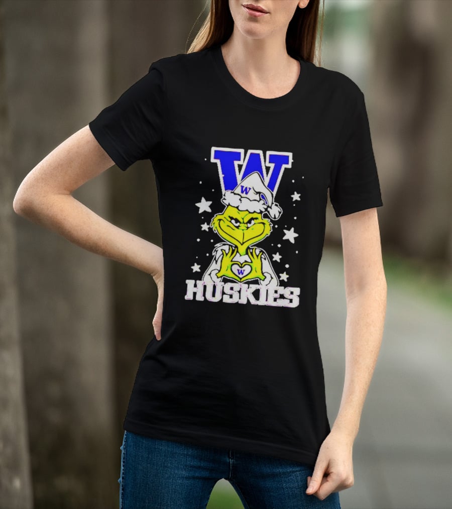 Washington Huskies Grinch Santa Hat Christmas Heart Hands W Monogram T-Shirt