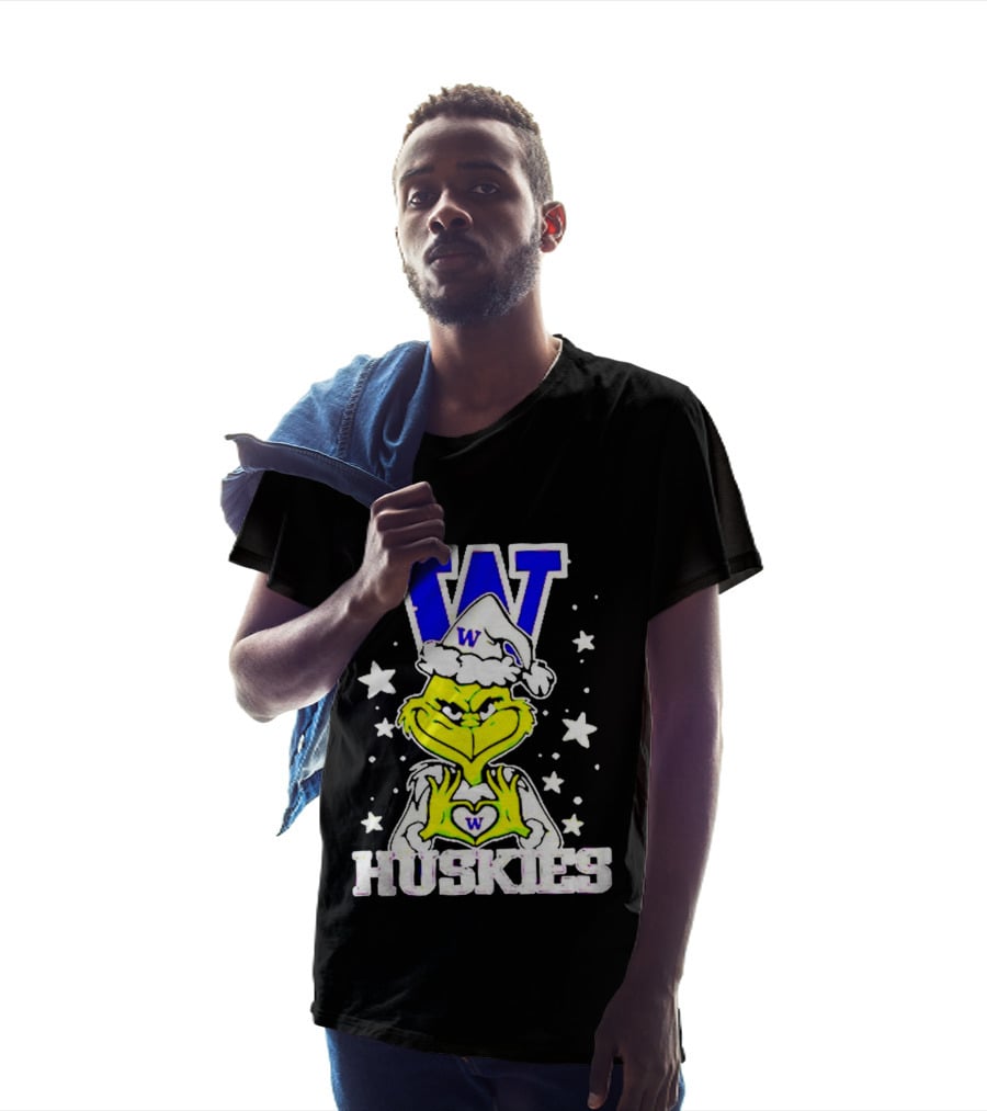 Washington Huskies Grinch Santa Hat Christmas Heart Hands W Monogram T-Shirt