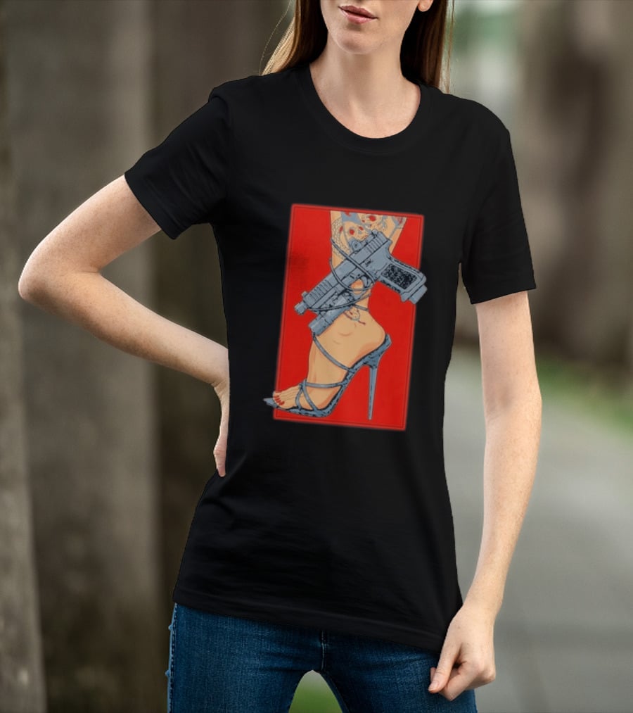 High Heel Stiletto With Gun And Tattoo Art On Red T-Shirt