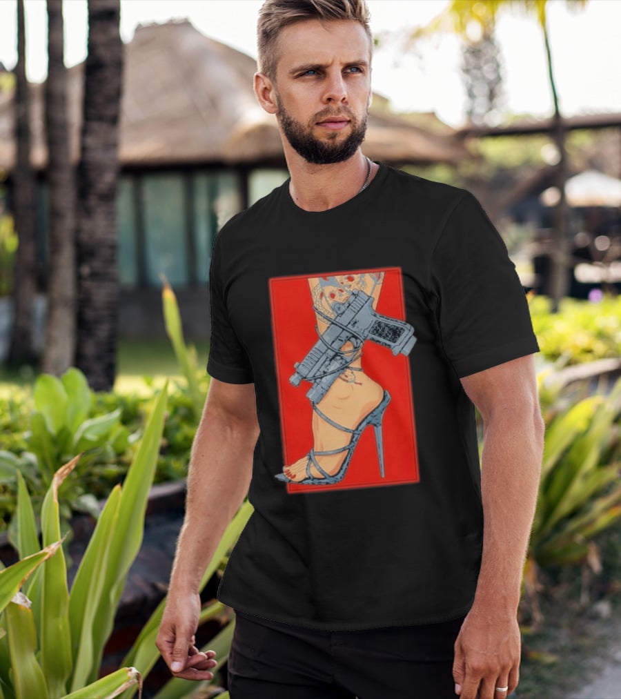 High Heel Stiletto With Gun And Tattoo Art On Red T-Shirt