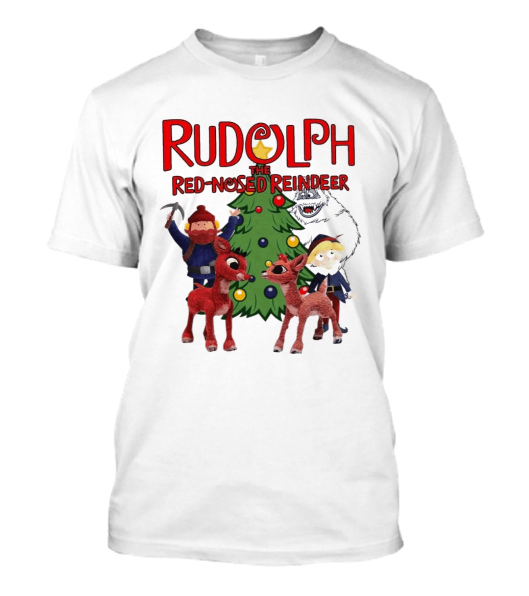 Rudolph The Red Nosed Reindeer Christmas Tree With Characters And Star T-Shirt