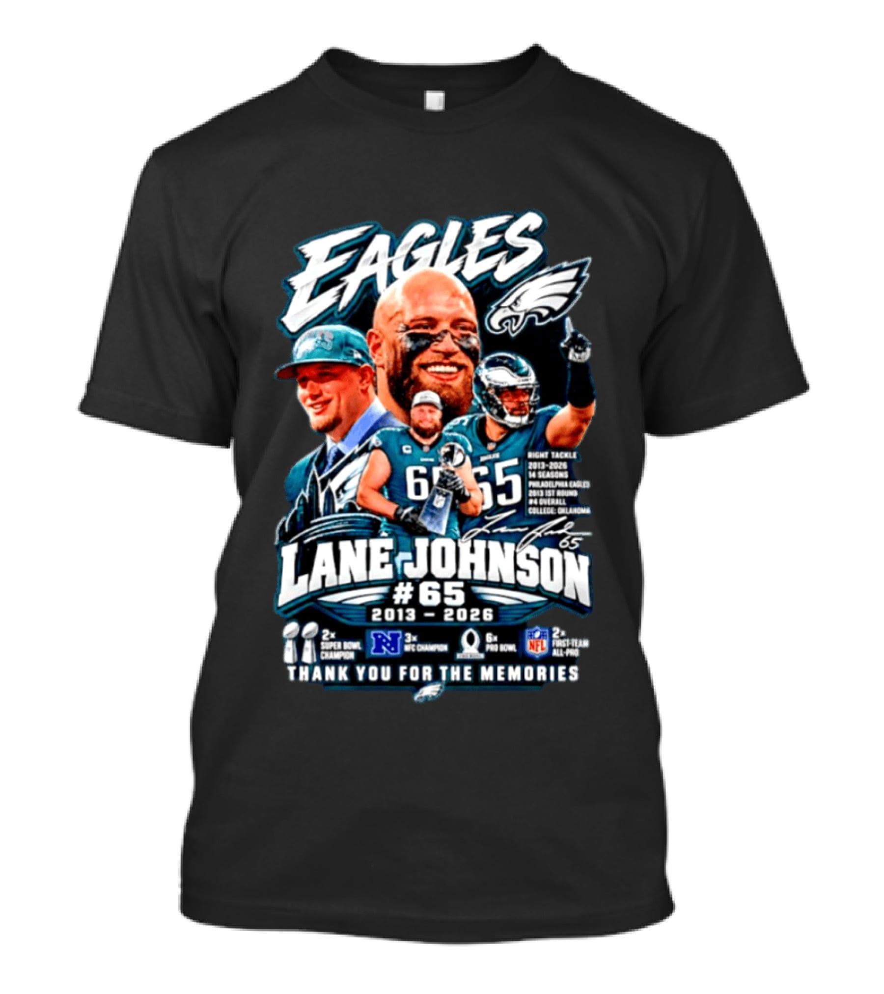 Eagles Lane Johnson #65 Philadelphia NFL Right Tackle 2013 2026 Thank You For The Memories Super Bowl Champion Pro Bowl T-Shirt