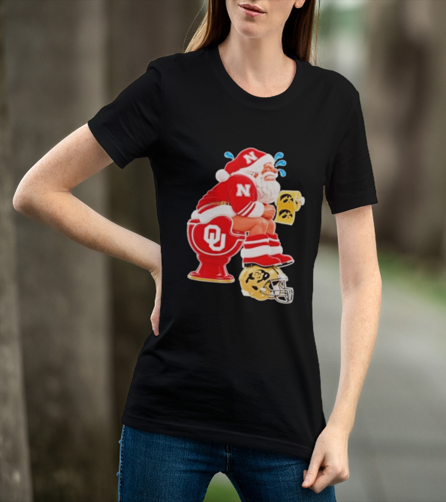 Nebraska Santa On Oklahoma Toilet With Iowa Toilet Paper And Colorado Helmet Football Rivalry Humor T-Shirt