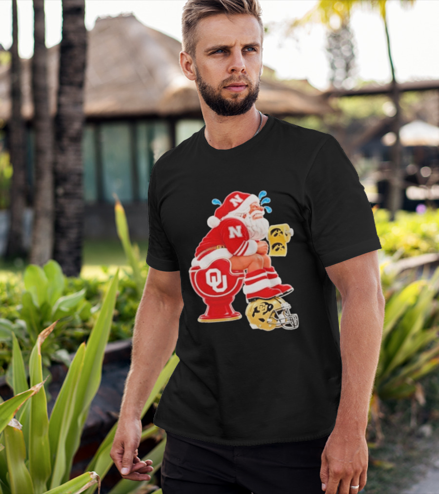 Nebraska Santa On Oklahoma Toilet With Iowa Toilet Paper And Colorado Helmet Football Rivalry Humor T-Shirt