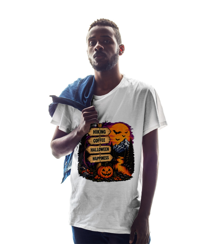 Hiking Coffee Halloween Happiness Fall Season Signpost Scenic Sunset Pumpkin Bats T-Shirt