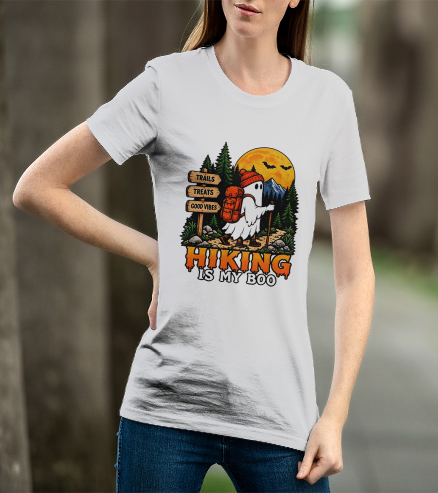 Hiking Is My Boo Ghost Trails Treats Good Vibes Halloween T-Shirt
