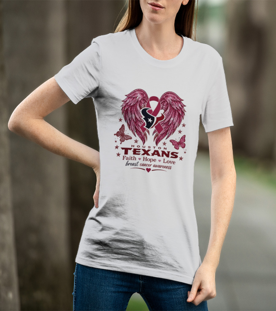 Houston Texans Breast Cancer Awareness Faith Hope Love Wings T-Shirt