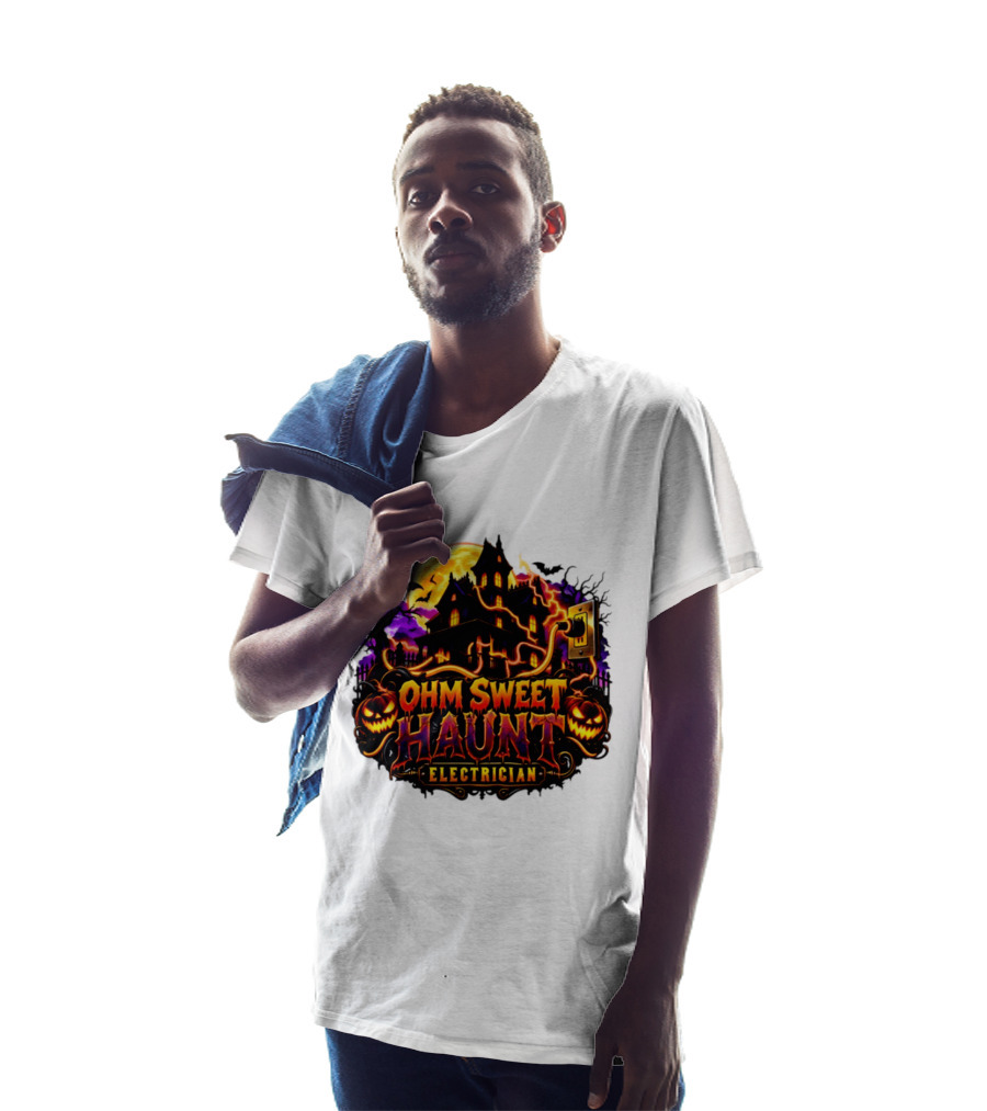 Ohm Sweet Haunt Electrician Halloween Haunted House With Pumpkins And Bats T-Shirt