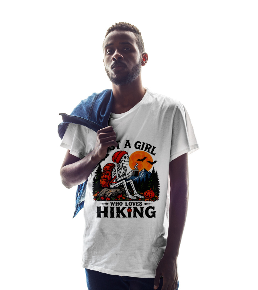 Just A Girl Who Loves Hiking Skeleton Autumn Halloween Pumpkin Bats And Coffee T-Shirt