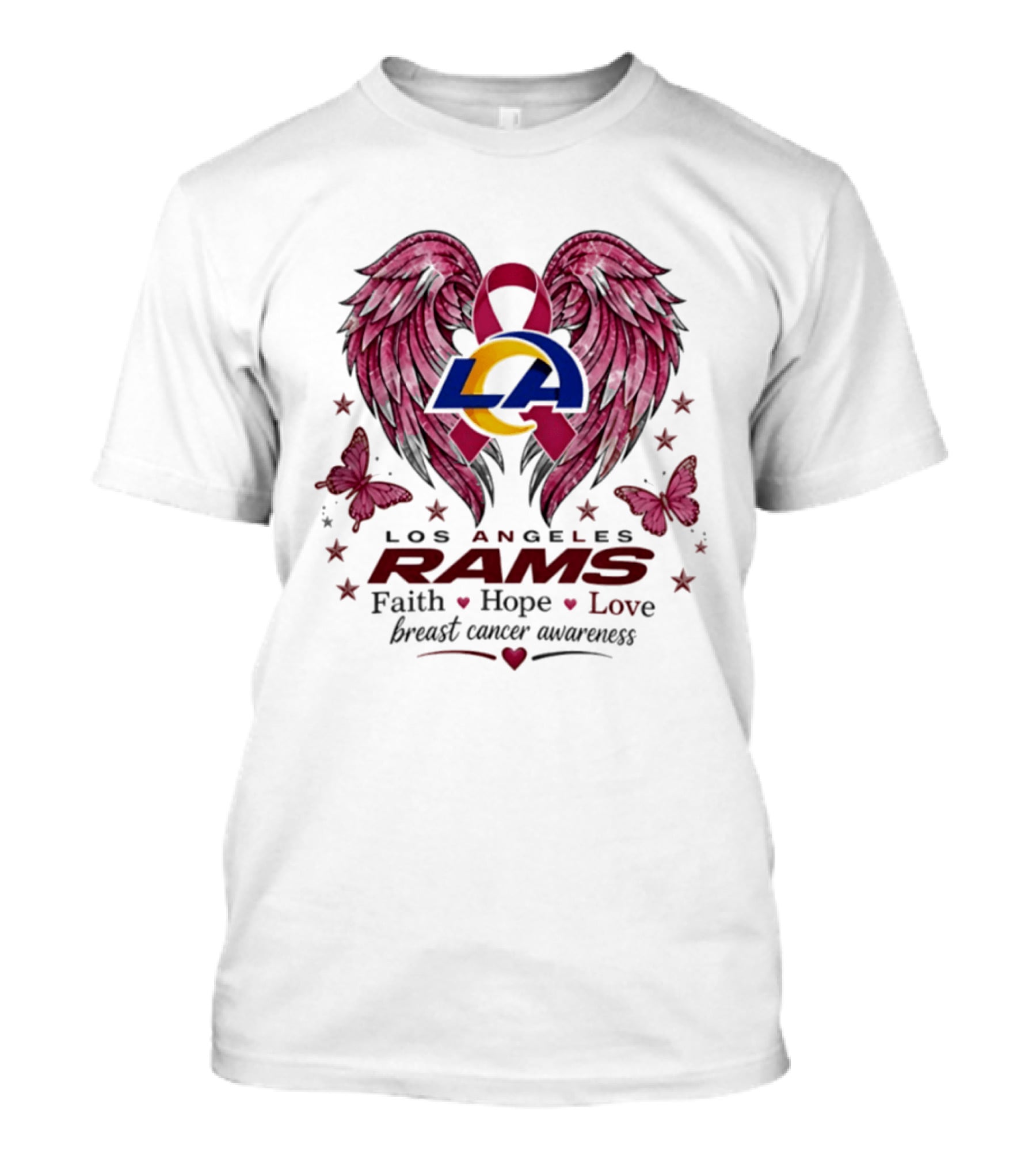 Los Angeles Rams Breast Cancer Awareness Faith Hope Love Wings And Butterflies T-Shirt