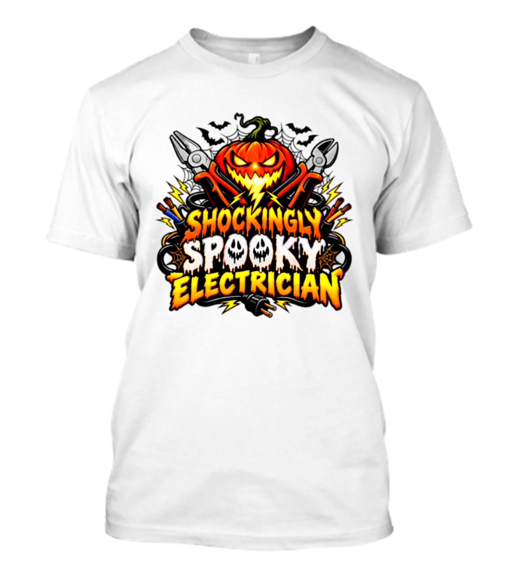 Shockingly Spooky Electrician Pumpkin Halloween Pliers And Bats T-Shirt