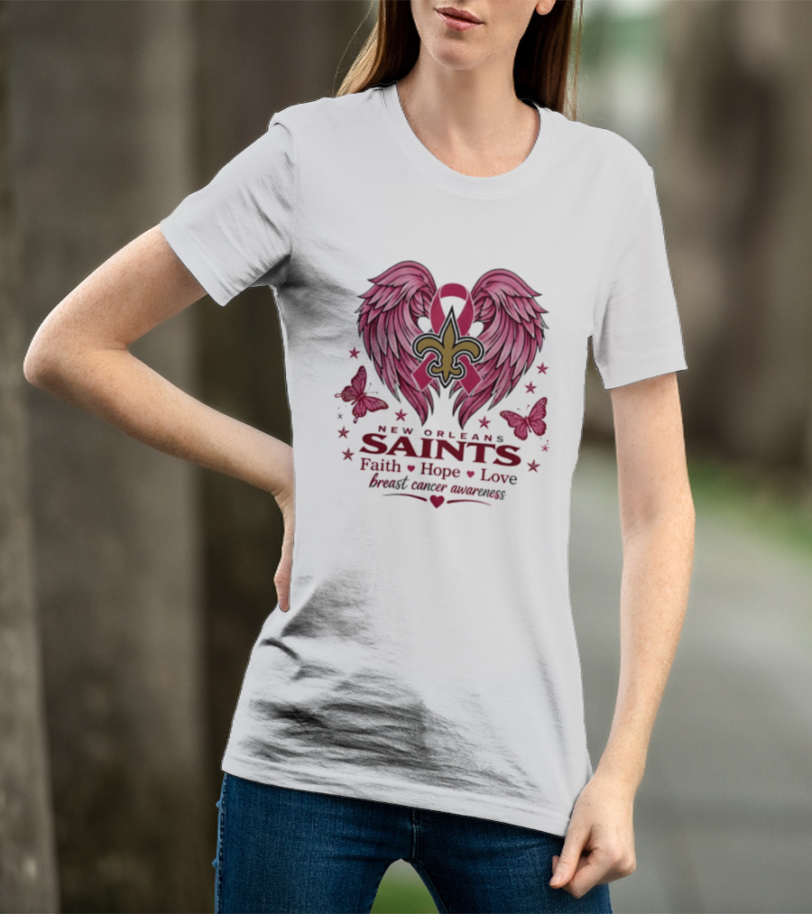 New Orleans Saints Breast Cancer Awareness Faith Hope Love Wings T-Shirt