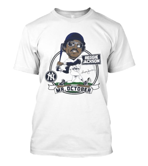Yankees Reggie Jackson Mr. October Caricature Signature Art With NY Yankees T-Shirt