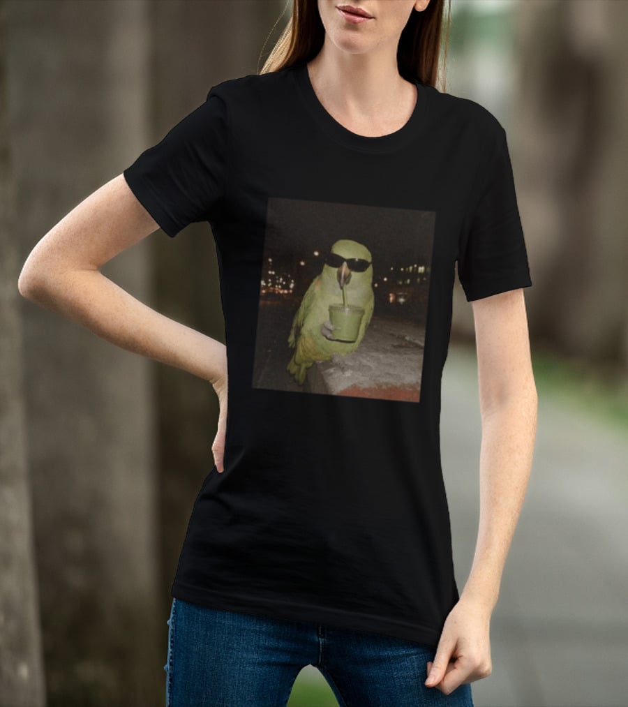 Parrot Wearing Sunglasses Enjoying Green Smoothie At Night T-Shirt