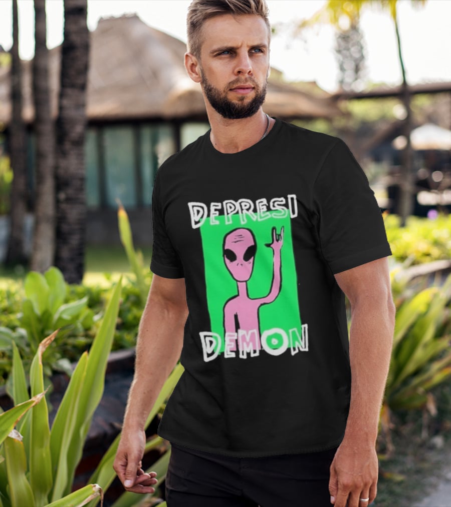 Depresi Demon Pink Alien Rock On Meme T-Shirt