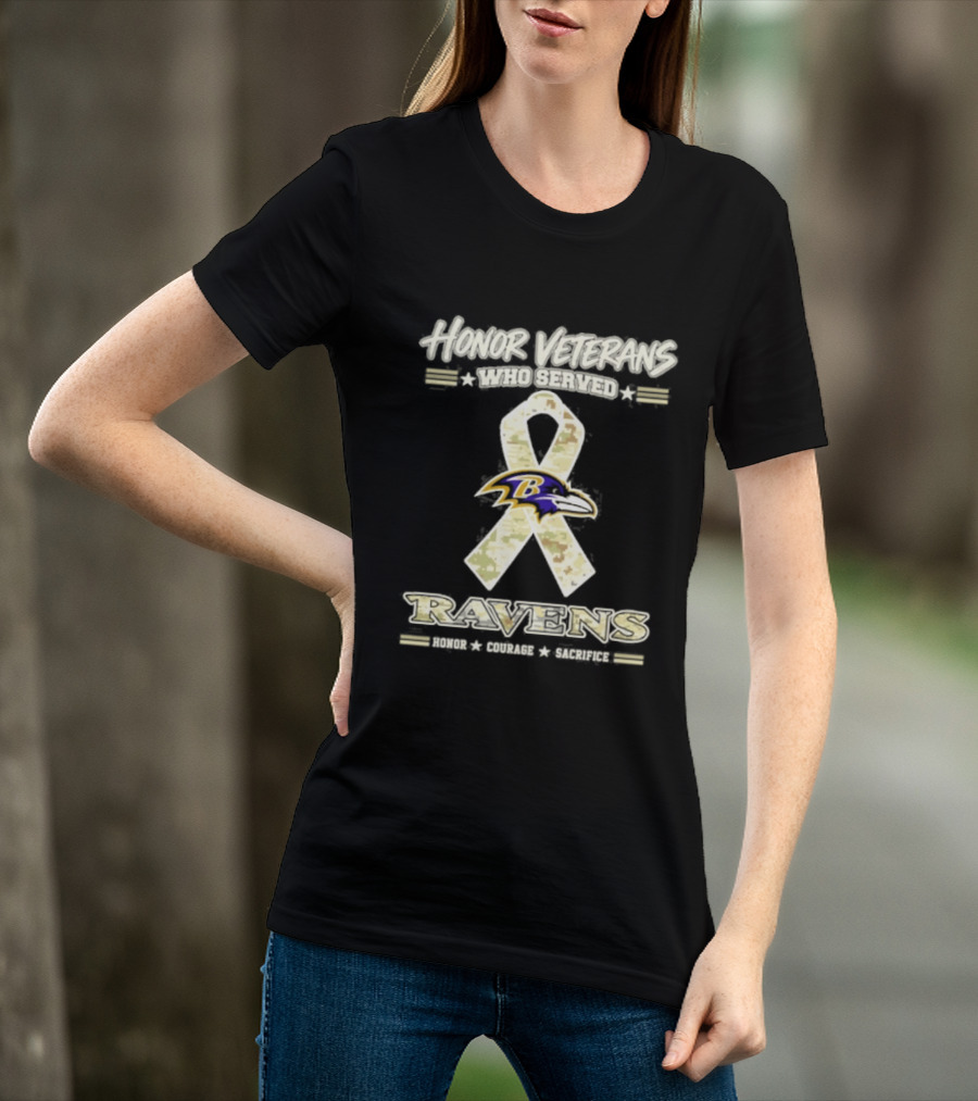 Baltimore Ravens Honor Veterans Who Served Military Camo Ribbon Salute Courage Commitment T-Shirt