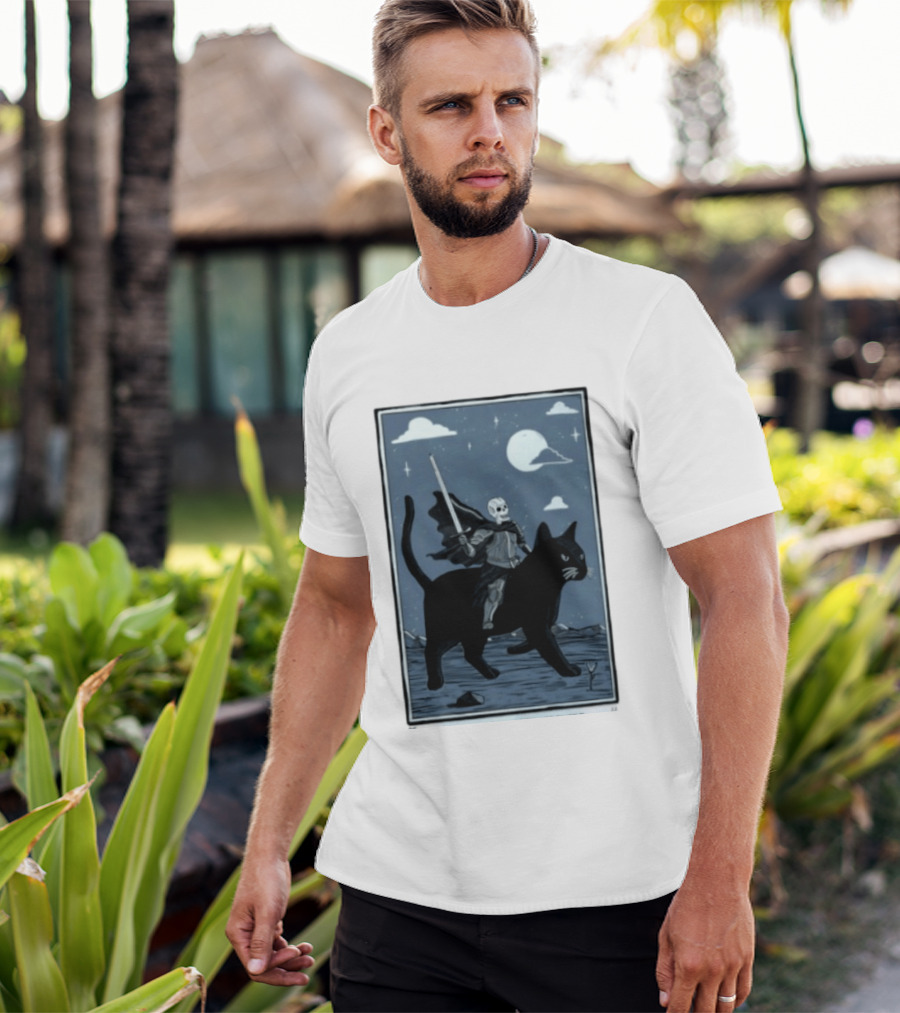 Skeleton Knight On Black Cat Under Moon And Stars Idle Hands Invite Mischief T-Shirt