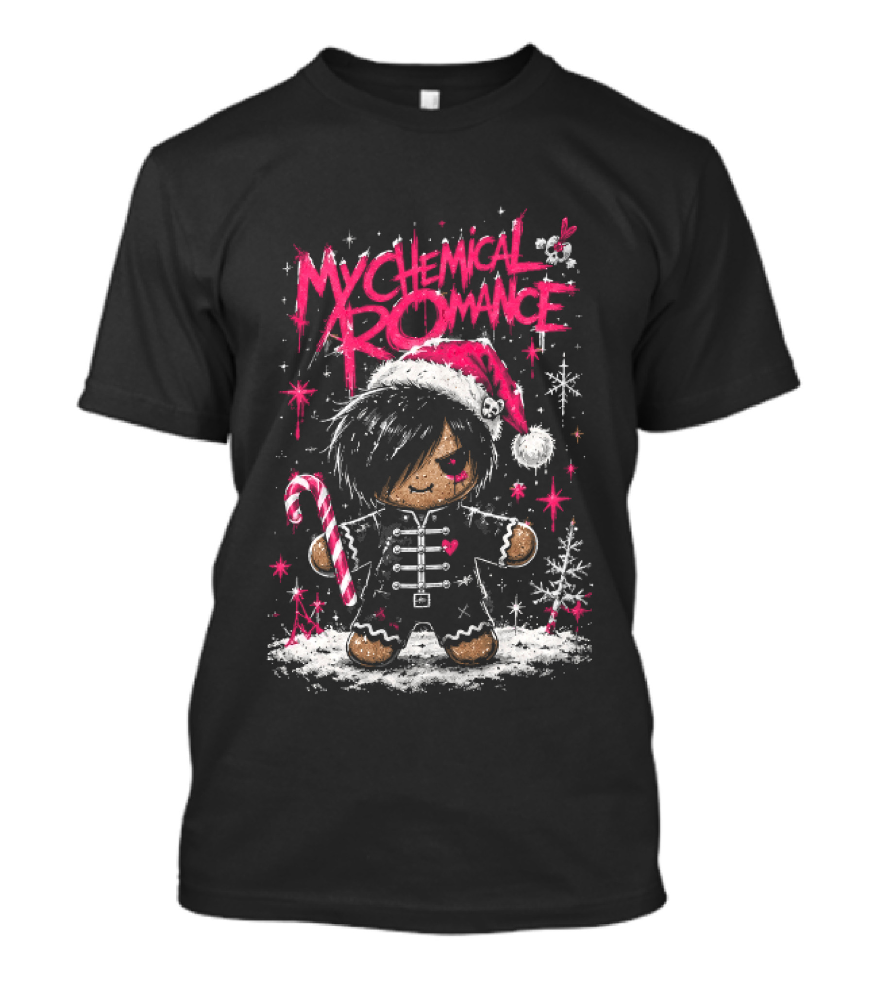 My Chemical Romance Emo Gingerbread Man Pink Christmas Parade With Candy Cane Santa Hat T-Shirt