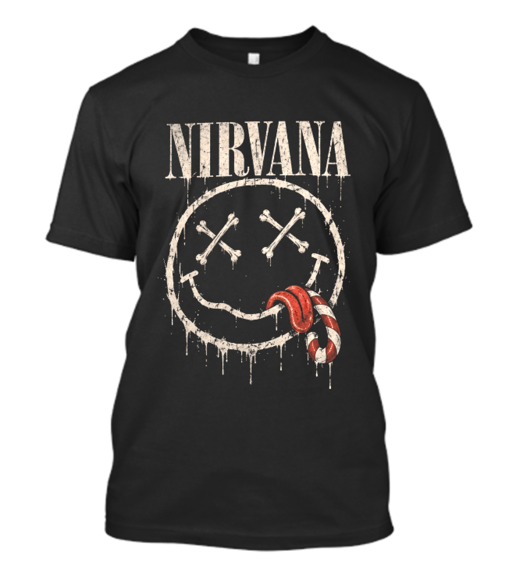 Nirvana Skeleton Smiley Candy Cane Christmas For Grunge Rock Lovers T-Shirt