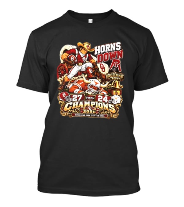 Oklahoma 27 24 Texas Red River Showdown Horns Down Golden Hat Trophy Champions 2026 T-Shirt