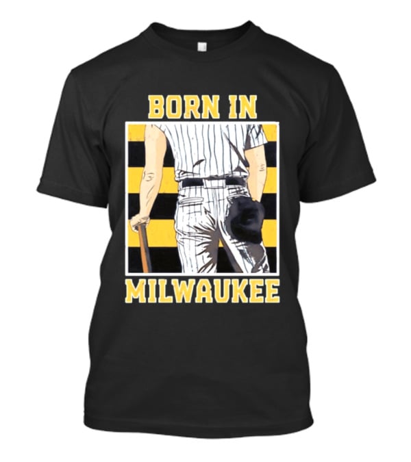 Born In Milwaukee Baseball Vintage Stripes Player Holding Cap T-Shirt