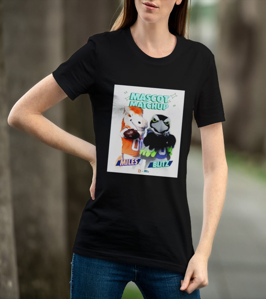 Mascot Matchup Miles Vs Blitz Denver Broncos Seattle Seahawks 2026 T-Shirt