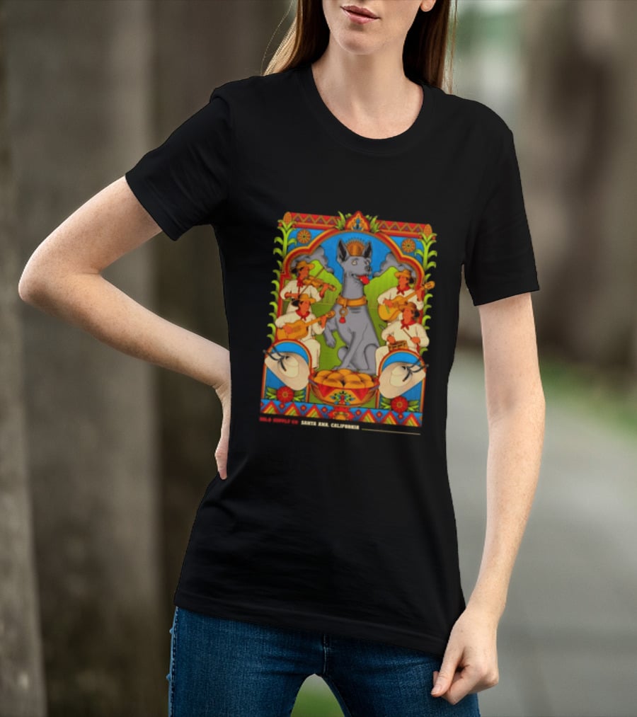 Xolo Supply Co Santa Ana California Xoloitzcuintli Vintage Mexican Art With Musicians And Dog T-Shirt